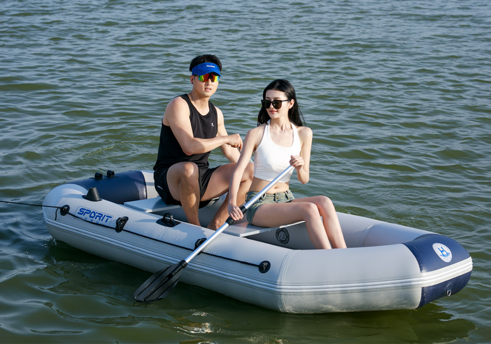 Two people in an inflatable boat